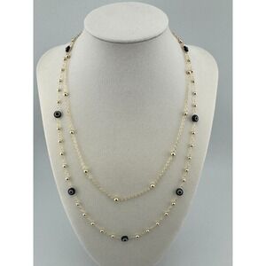 Gold‎ Tone Double Layer Evil Eye Bead Necklace Black Accents Adjustable Clasp